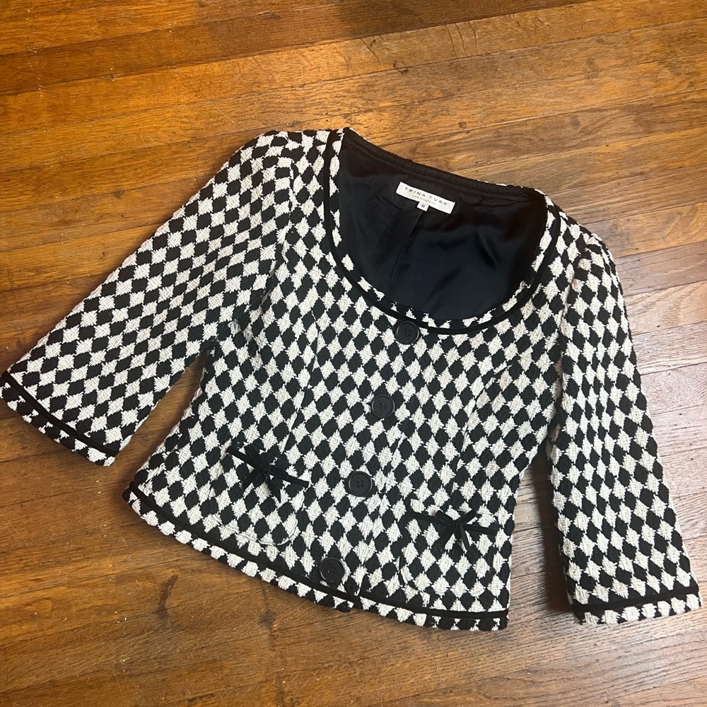 Trina Turk Size 8 USA Made Black White Argyle Checkered Wool Knit Jacket Blazer